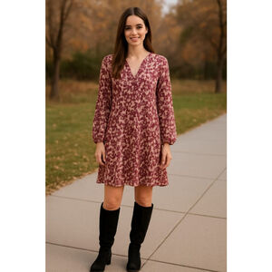 Women's 89th & Madison Long Sleeve Dress L Red Beige Floral